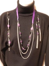 New  3pc Beaded Chain Ribbon Necklace Earrings Bracelet Set  Purple - £12.82 GBP
