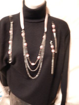 New 3pc Beaded Chain Ribbon Necklace Earrings Bracelet Set  Pink - £12.59 GBP