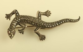 Vintage Sterling Silver 925 Lizard Iguana Marcasite &amp; Ruby Eyes Stone Pin Brooch - £59.71 GBP