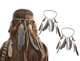 Indian Feather Headband Brown Adjustable Headdress Feather Tribal Tassels Hemp R - £24.95 GBP