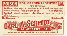 Vintage Pharmacy Label SOLUTION OF FORMALDEHYDE Carl A Schmidt Drugs Day... - £21.78 GBP