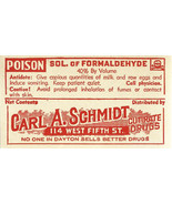 Vintage Pharmacy Label SOLUTION OF FORMALDEHYDE Carl A Schmidt Drugs Day... - $44.59 CAD