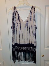 Emma G Blue/White Rayon Fringed Tie Dye Sleeveless Hippie Top Shirt Tuni... - $7.91