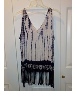 Emma G Blue/White Rayon Fringed Tie Dye Sleeveless Hippie Top Shirt Tuni... - £6.26 GBP