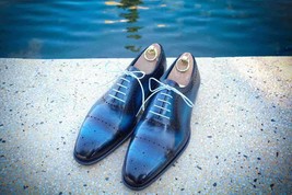 Blue men Patina lace Shoes handmade oxfords custom made dress shoe for men - £146.55 GBP