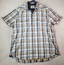Express Shirt Mens XL Blue Orange Plaid Short Sleeve Fitted Collared Button Down - £11.44 GBP