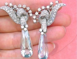 Vintage 3ctw Diamond 24ctw Aquamarine Pear Drop Cocktail Statement Earrings 1950 - £4,894.09 GBP