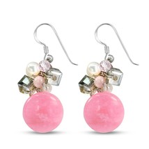 Stylish Circular Pink Quartz Stone w/ Pearl &amp; Crystal Cluster Dangle Earrings - £12.02 GBP