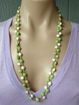 Vtg Round Green White Enamel Bead Gold Tone Chain Necklace Fold Over Cla... - £6.24 GBP