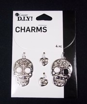 Cousin DIY silver tone CHARMS Sugar Skulls &amp; small hearts 4 pcs NEW - £3.53 GBP