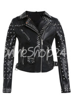 New Women Unique Style Full Silver Studded Brando Punk Biker Leather Jacket - $179.99
