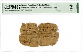 FR. NC-74 March 9, 1754 2S+8P North Carolina Clnl PMG Fair Details (Back... - $305.55