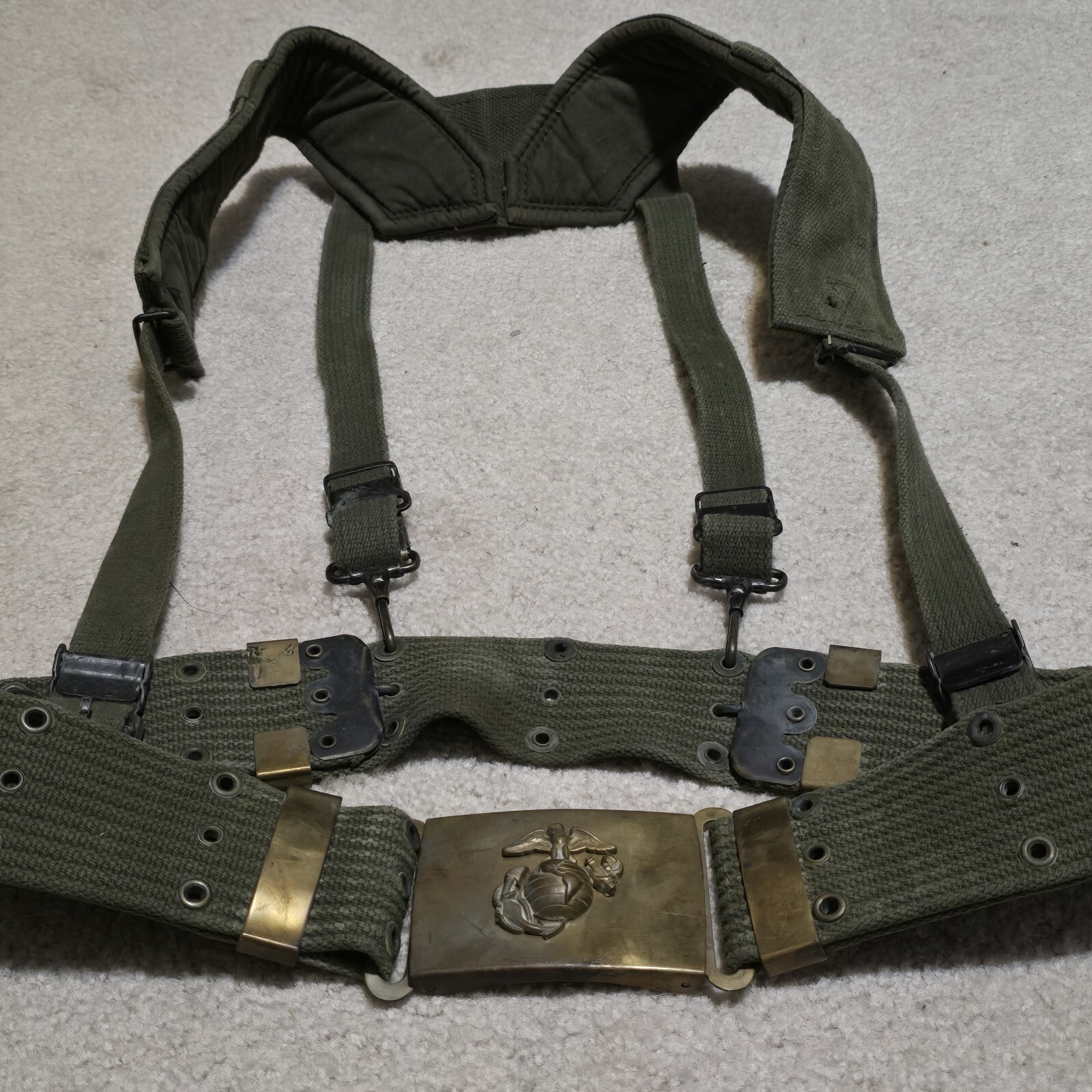 VTG USMC M1956 Horizontal Weave LBE OD Web Belt Size L Suspenders Brass Buckle Item image 2