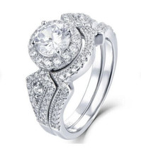 Halo Engagement Ring Set 3.20Ct Simulated Diamond 925 Sterling Silver Size 8.5 - £125.31 GBP