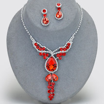 Red Rhibnestone Crystal Floral Fringe Silver Necklace Collar Bib Earring Set - £23.94 GBP