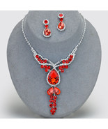 Red Rhibnestone Crystal Floral Fringe Silver Necklace Collar Bib Earring... - £23.96 GBP