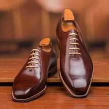 Handmade Men&#39;s Burgundy Leather Oxford Lace Up Whole Cut Chisel Toe Dress Shoes - £102.84 GBP+