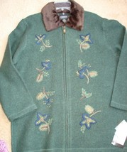 NWT XL Pine / Forest Green Coat 100% Wool Boucle with embroidery Zipper ... - $79.99