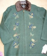 NWT XL Pine / Forest Green Coat 100% Wool Boucle with embroidery Zipper ... - £63.94 GBP