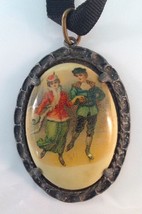 Vintage Victorian Ice Skating Couple Necklace Oval Cabochon in Metal Pen... - $39.95