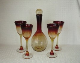 Charles Correll Blown Art Glass Amberina Decanter &amp; 4 Wine Goblets - £98.91 GBP