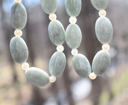 14K Yellow Gold Diamond Natural Gray Jadeite Jade Seed Pearl Necklace 20... - $194.99