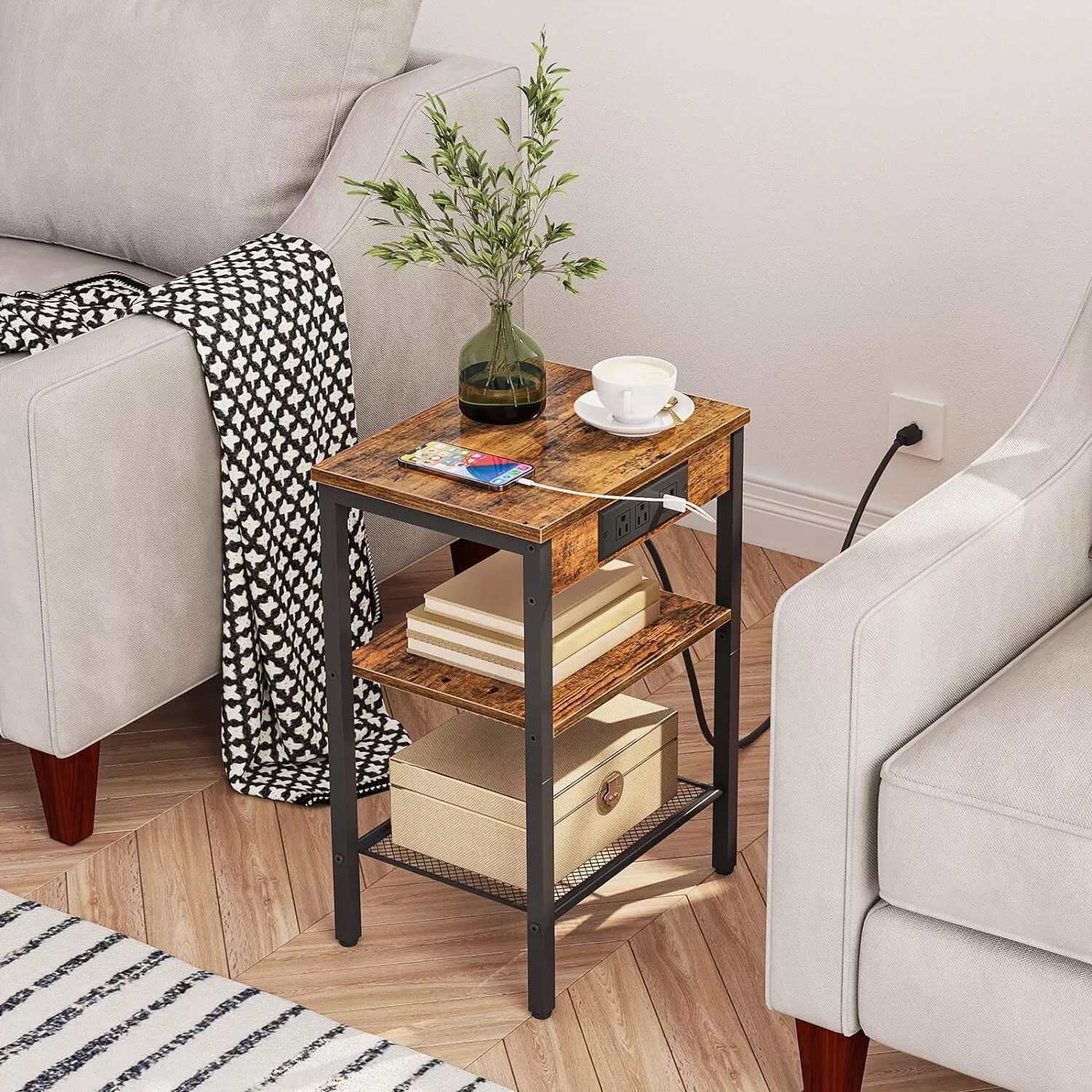 Rustic Wood Tone Bedside End Table Nightstand with Charging Station Orga... - £34.29 GBP