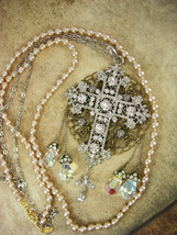 Romantic Gothic Rosary Necklace Long wedding Pearls and glass prism drops chande - £219.02 GBP