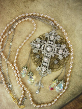 Romantic Gothic Rosary Necklace Long wedding Pearls and glass prism drops chande - £217.92 GBP