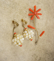 Antique Victorian Coral earrings and brooch Mother of pearl chandelier drops Gen - £195.59 GBP