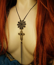 Gothic necklace BLack rhinestones gothic cross long  tassels costume jewelry - £75.95 GBP