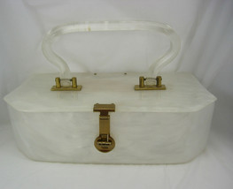 Vintage White pearlized lucite purse with clear hinged handle marbelized swirls - £110.10 GBP
