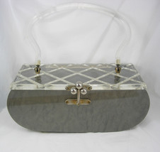 Vintage silver gray marbelized lucite purse with carved top Grey retro d... - £107.91 GBP