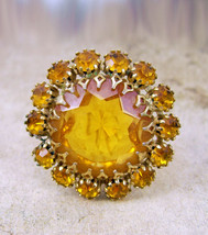 VIntage FiREY jeweled LAYERED BROOCH yellow golden topaz open back - £43.45 GBP