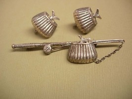 1940&#39;s sterling Arts crafts brooch Whimsey Fishing creel basket with FISH brooch - £105.44 GBP
