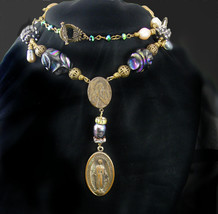 Miraculous Medal Bohemian Rosary necklace Lapis Genuine pearls vintage rhineston - £176.00 GBP