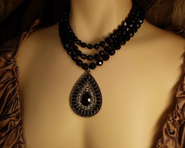 Black glass Vampire Goth necklace huge rhinestone drop 3 strand glass beads - £154.23 GBP