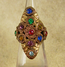 Antique Czech LARGE Ring Rhinestone RING Red Blue Green hammered brass adjustabl - £74.72 GBP
