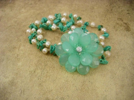 Turquoise and Pearl Necklace with turquoise Flower Brooch - £75.92 GBP