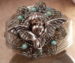 Vintage Wide Victorian revival bracelet Victorian Cherub turquoise jewel... - £75.93 GBP