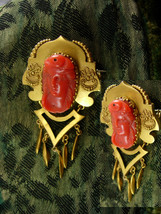 ANtique  Victorian 14kt gold Genuine Coral Cameo Brooch with tassels - £507.68 GBP