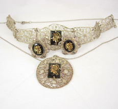 Vintage Victorian sterling Cameo filigree fancy Parure necklace bracelet earring - £147.85 GBP