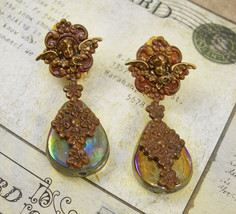 Vintage VIctorian Cherub Earrings with aurora borealis sea glass chandelier drop - £59.43 GBP