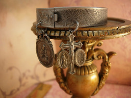 Victorian Religious Charm Bracelet bangle french Ave Maria sacred heart medals - £165.57 GBP