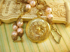 Memorial pocketwatch nouveau Mucha locket on large pink pearl chain &quot;I cannot sa - £147.92 GBP