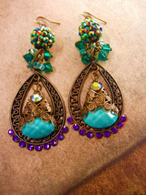 Bohemian Purple Rhinestones Earrings Turquoise Gypsy dangle drops - $110.00