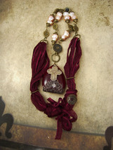 Genuine pearl Religious icon necklace DEEP red wine &amp; Marcasites OOAK - £165.13 GBP