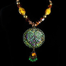 Gypsy heart Foil Glass necklace Bohemian Rhinestone Drop Purple and Green - £87.17 GBP