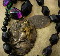 Miraculous Medal Rosary Necklace Crucifix German Carnival  black beads - $145.00