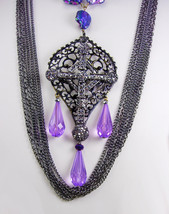 Purple Gothic Cross Drop Necklace set huge marcasite cross layered gunmetal chai - £115.90 GBP